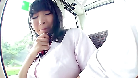 On the bus, he lifts up her skirt and touches her over her panties several times.